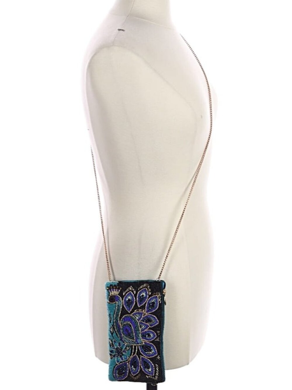 MARY FRANCES Shades of Blue Peacock Fully Beaded Crossbody Shoulder Or Clutch